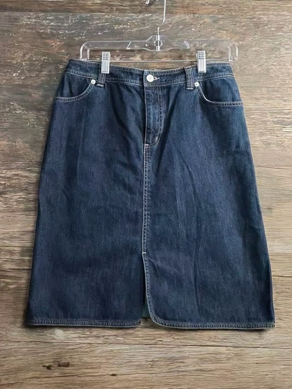 Lands' End Dark Blue Denim Midi Skirt with Front Slit